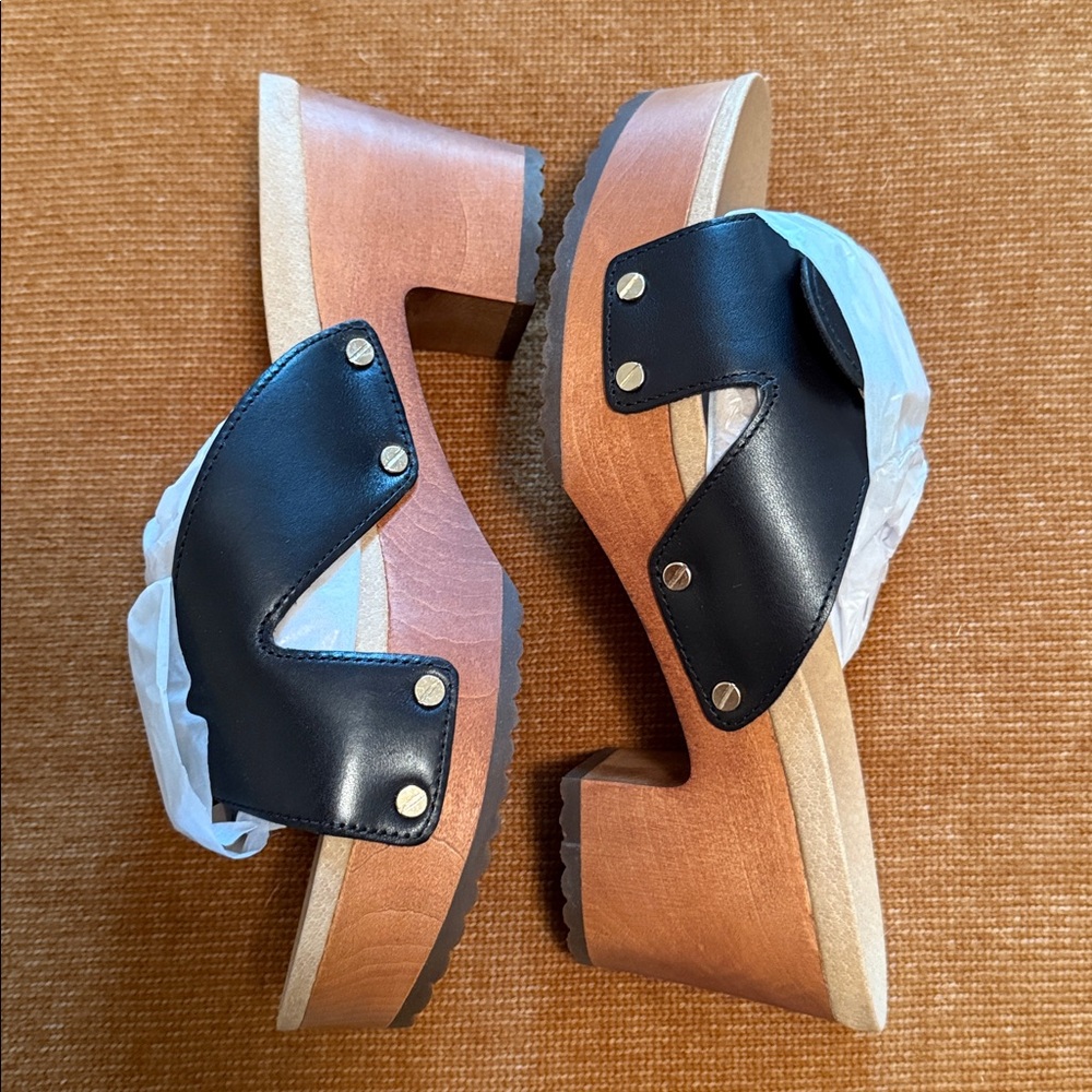 Dr. Scholl's Original Max Too, Black Lea, Leather Platform Clog Sandal Wood Sole - Picture 3 of 8